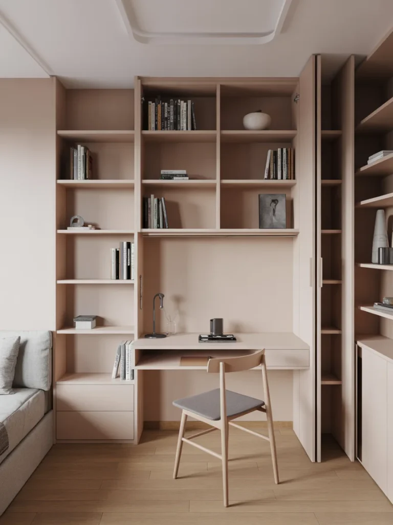 Compact home office with built-in bookshelves and a foldable desk integrated into a minimalist beige wall unit.