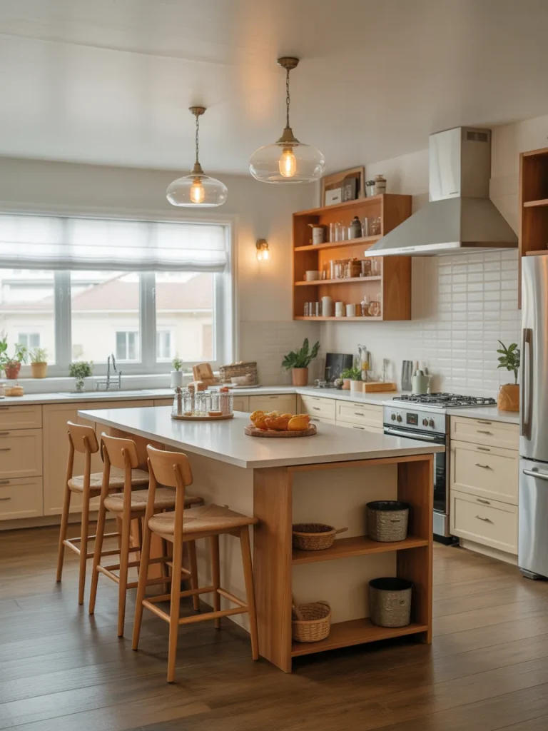 Warm modern kitchen with a spacious island, wooden bar stools, open shelving, and soft neutral cabinetry—ideal for family-friendly use.