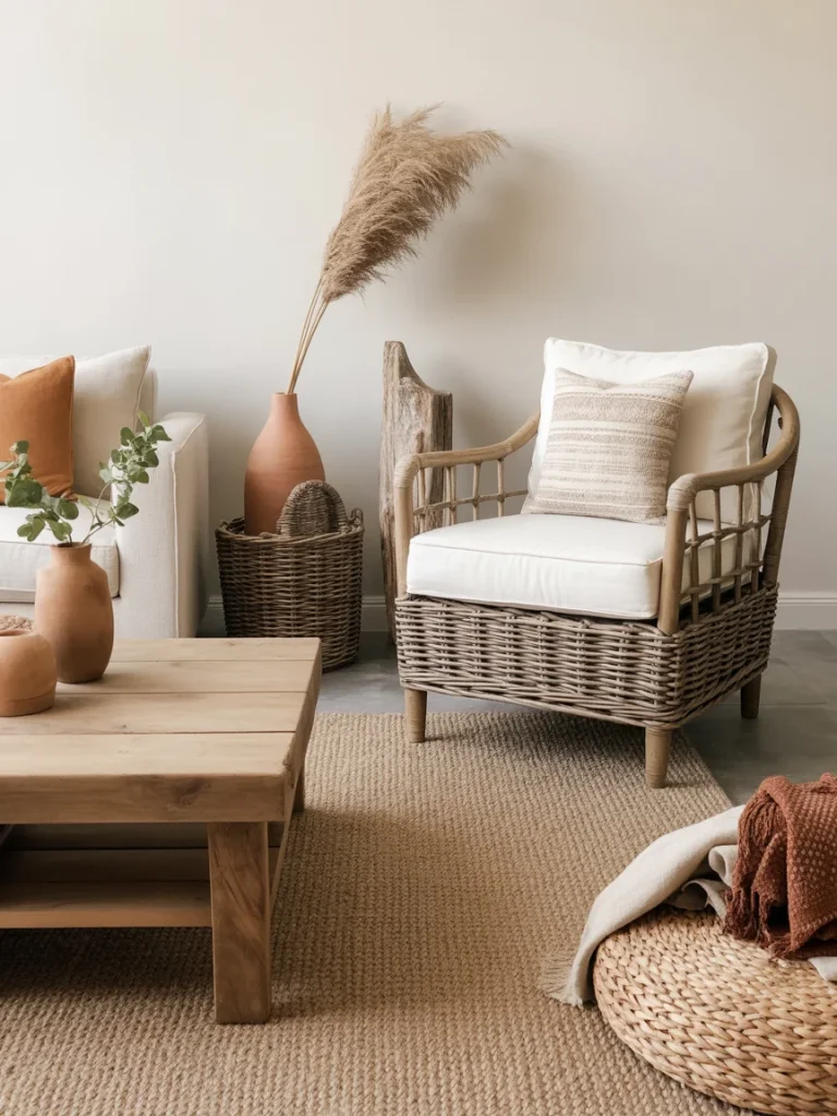 Living room with natural textures and rattan furniture.