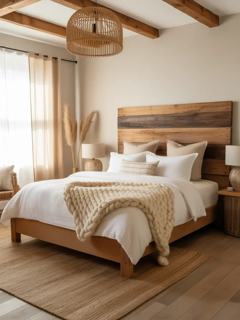 Farmhouse bedroom with wooden accents and natural textures.