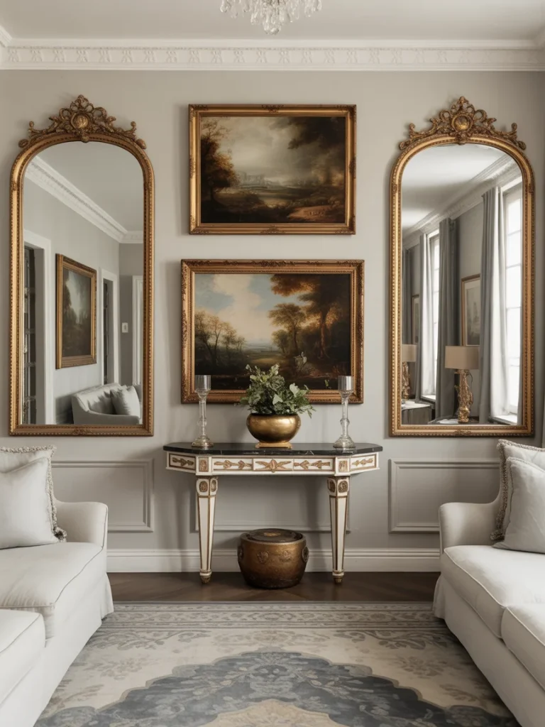 Classic living room wall featuring gold-framed mirrors and traditional artwork.
