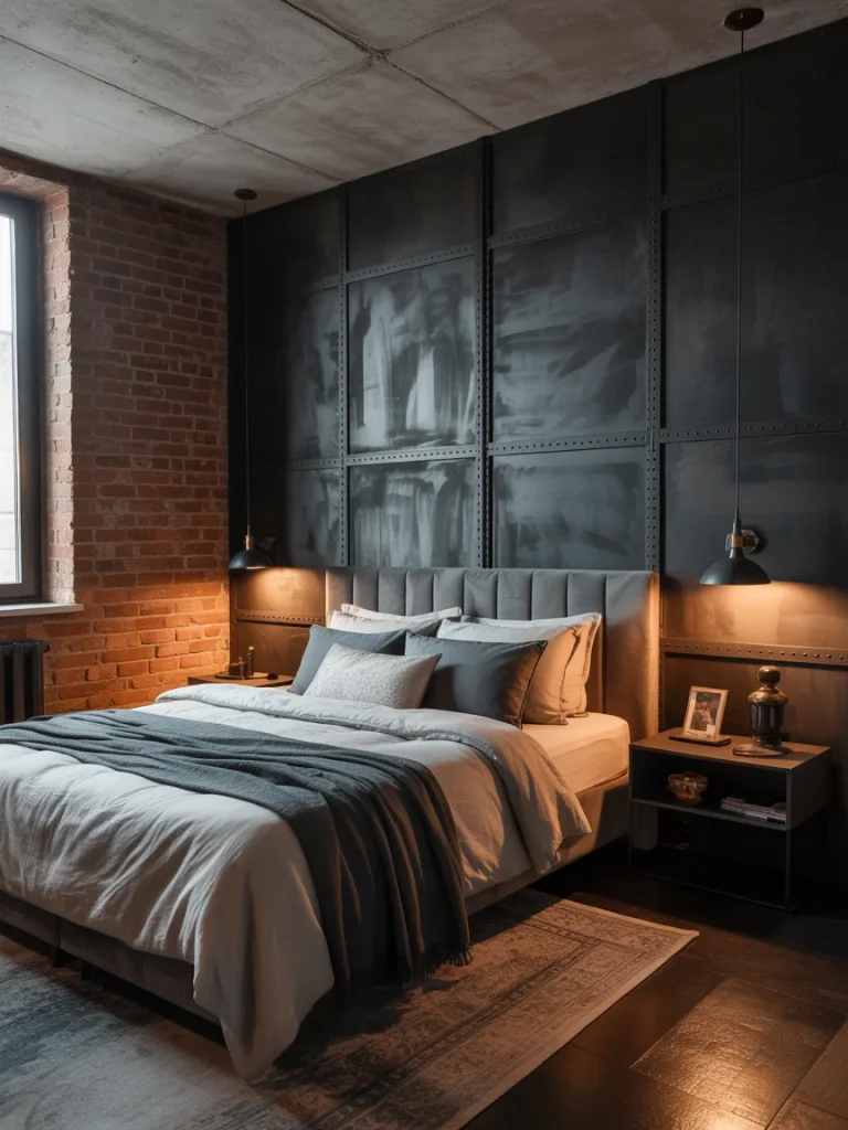 Industrial bedroom with a dark metal accent wall and exposed brick detailing.