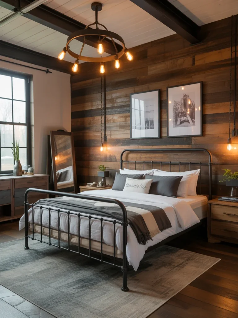 Industrial farmhouse bedroom with wood accent wall and metal bed frame.