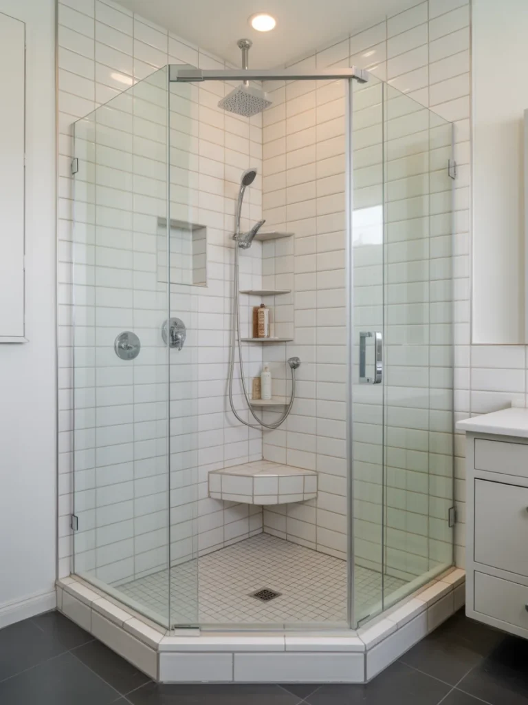 Modern bathroom with a corner walk-in glass shower featuring white subway tiles and built-in shelving.