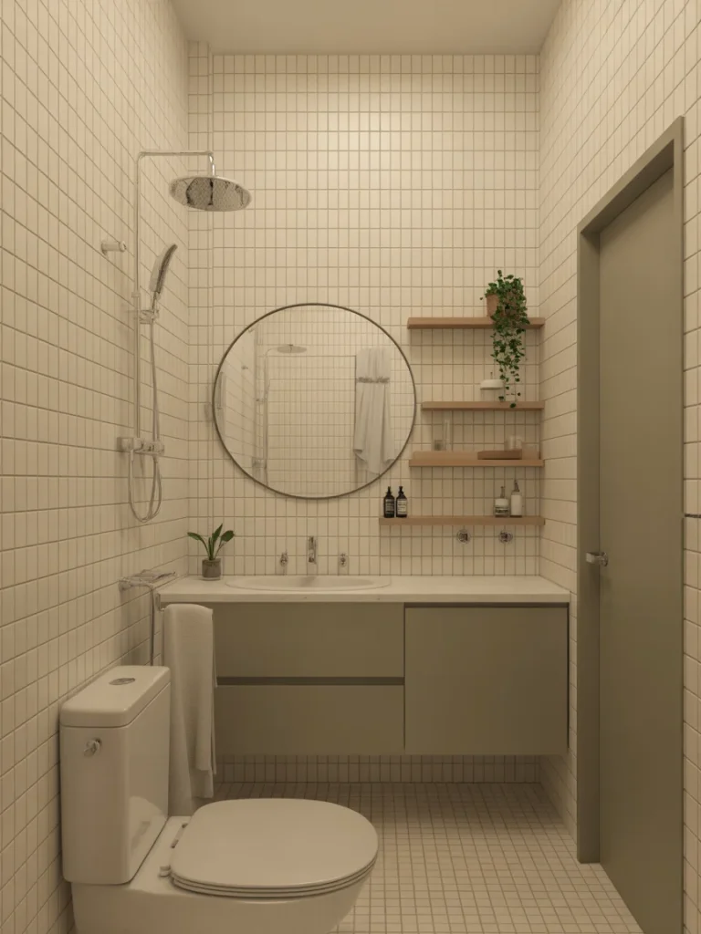 Minimalist small bathroom with light beige square tiles, a floating vanity, round mirror, and simple open shelving.