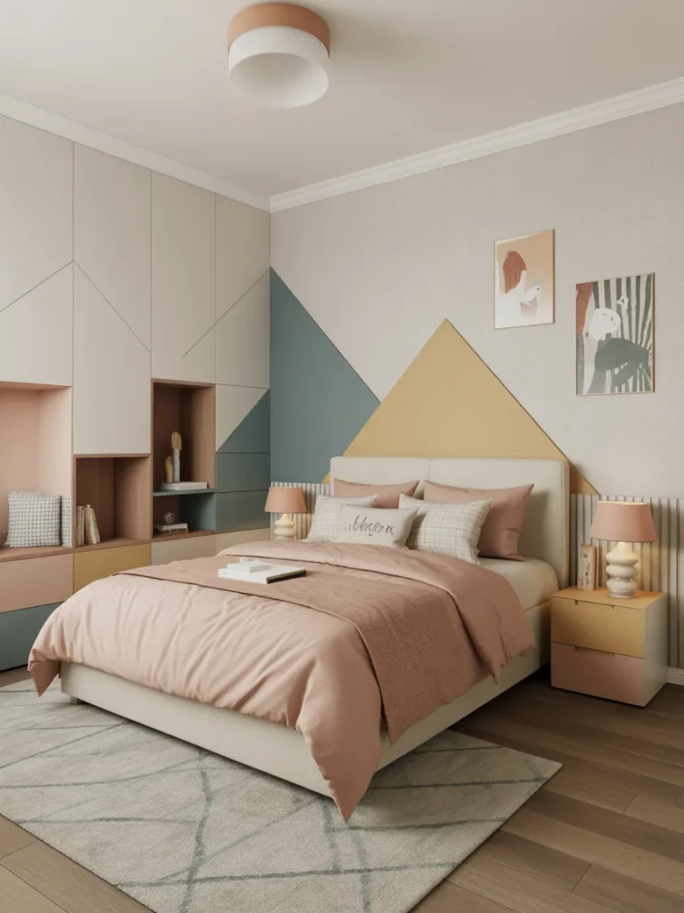 Kids’ bedroom with playful geometric accent wall in pastel colors.