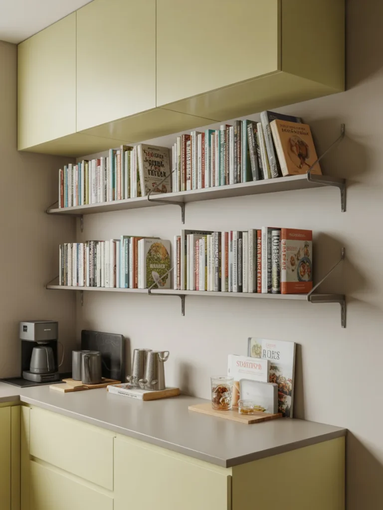 Open kitchen shelves filled with neatly arranged cookbooks above a countertop with coffee and kitchen accessories.
