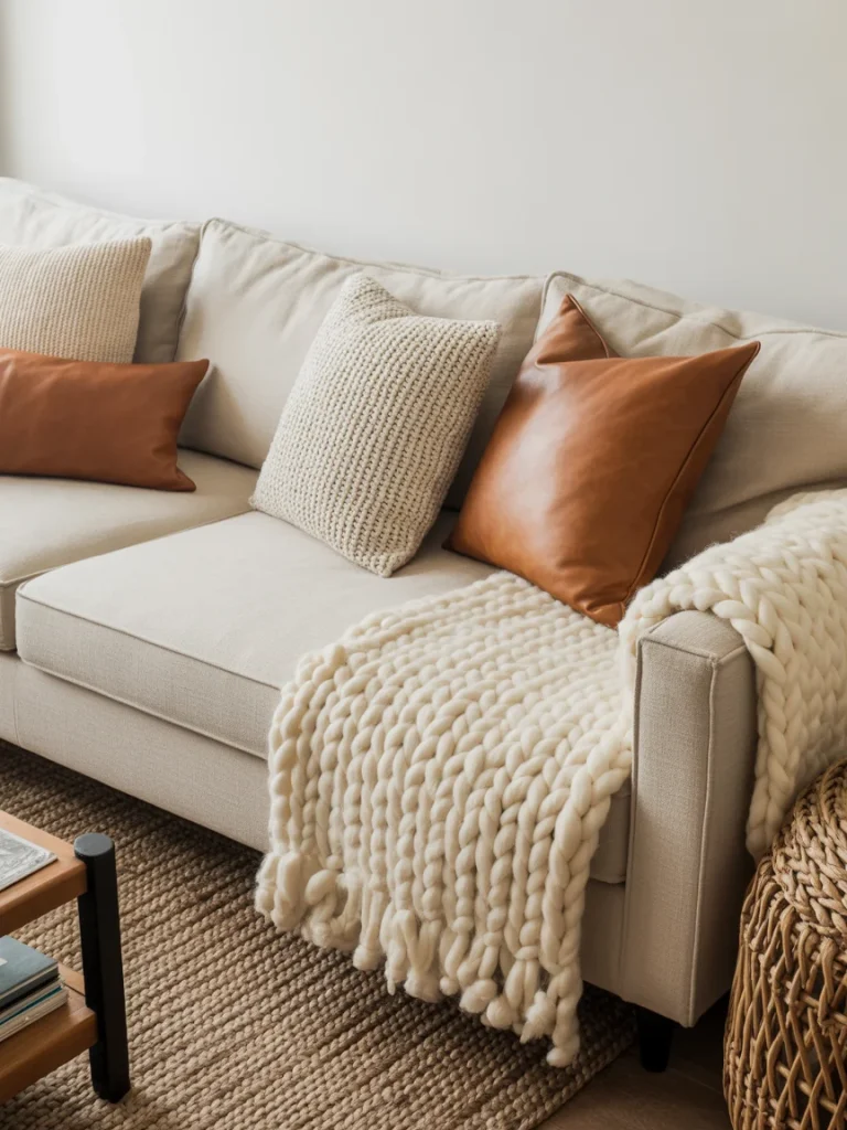 Beige sofa with cozy knit and leather pillows and a chunky throw blanket.