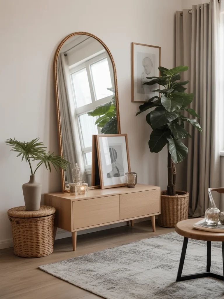 Layered mirrors and natural wood furniture in a cozy modern living room.