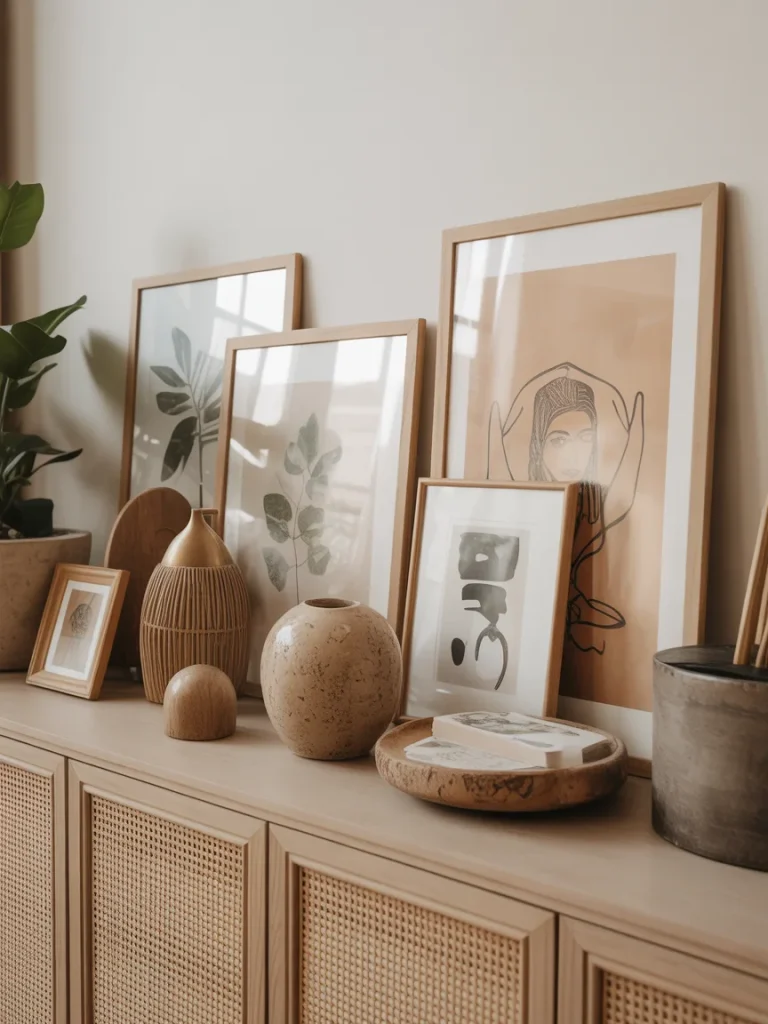 Boho-style console table decorated with layered framed artwork, neutral ceramics, wooden accents, and modern minimalist decor.
