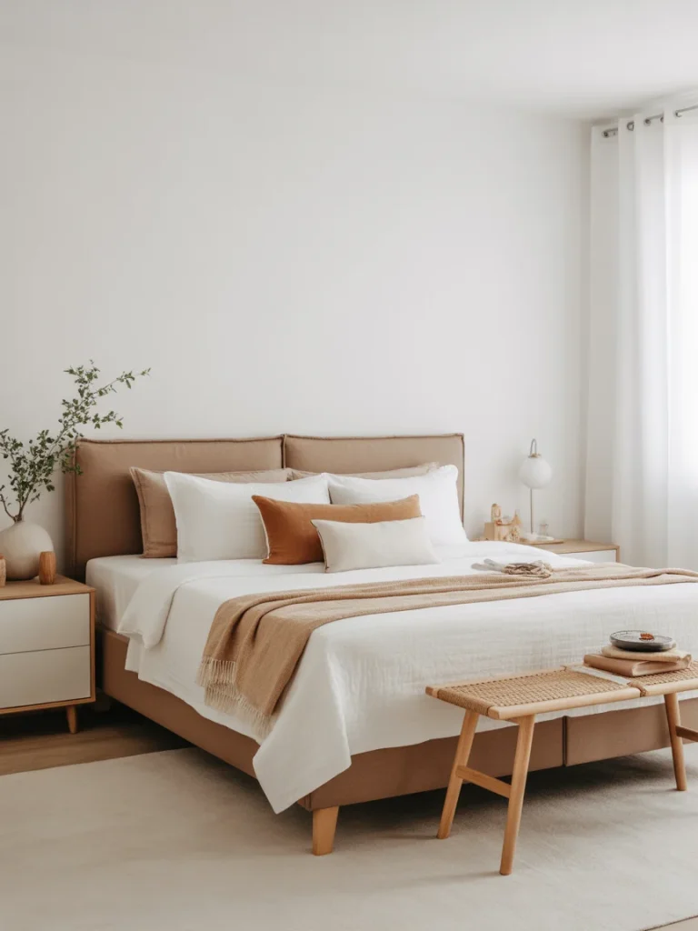 Light brown and white minimalist bedroom with soft neutral decor.