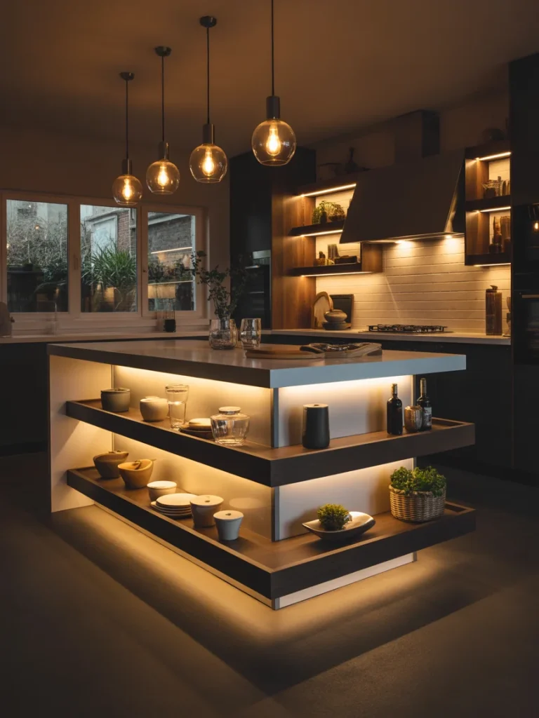 Modern kitchen island with layered open shelving illuminated by warm built-in lighting and pendant lights above.