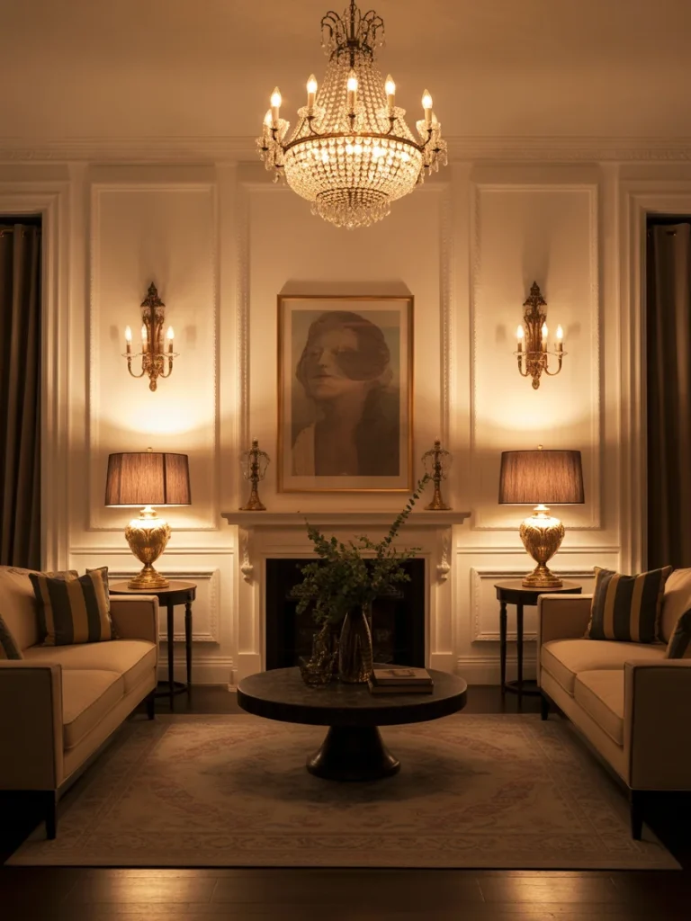 Classic living room illuminated by chandelier and warm ambient lighting.
