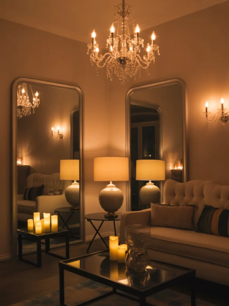 Elegant living room with mirrors reflecting warm ambient lighting and chandelier glow.