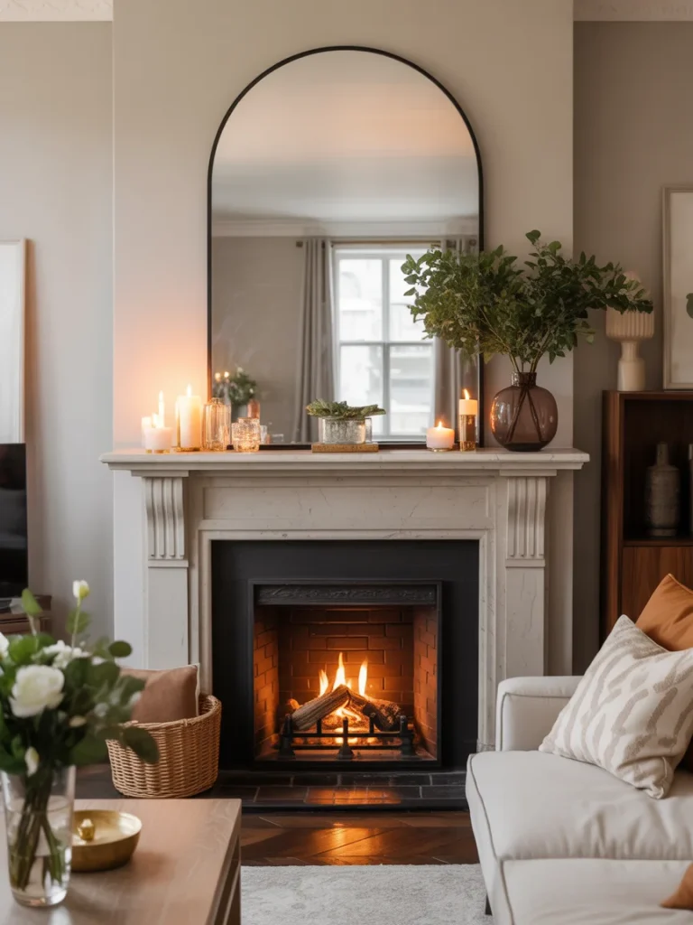 Arched mirror above a fireplace in a cozy living room with warm lighting.