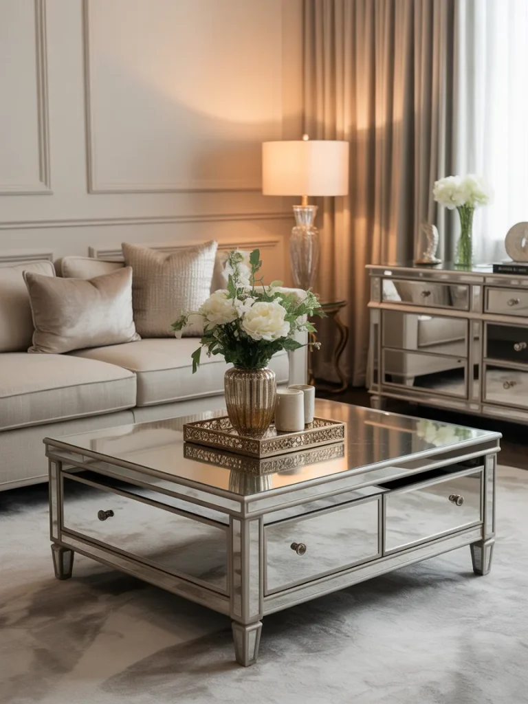 Elegant living room with mirrored furniture and soft neutral decor.