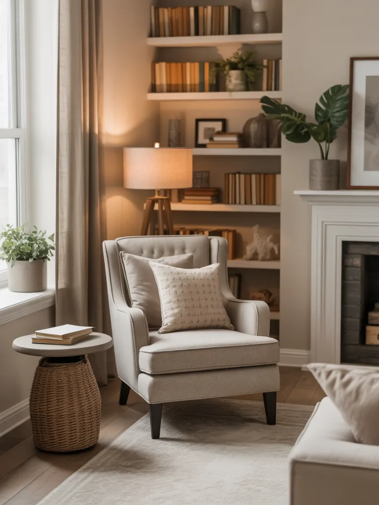 Cozy living room reading nook with accent chair, floor lamp, and built-in bookshelves