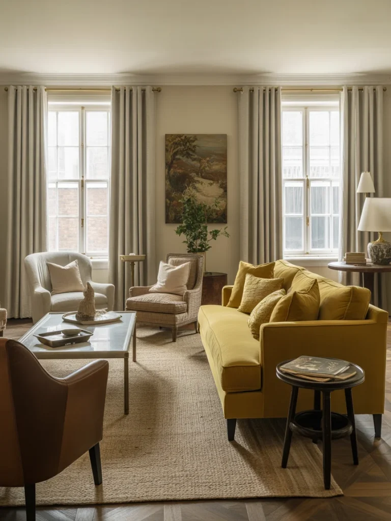 Elegant living room with yellow sofa and layered textures.