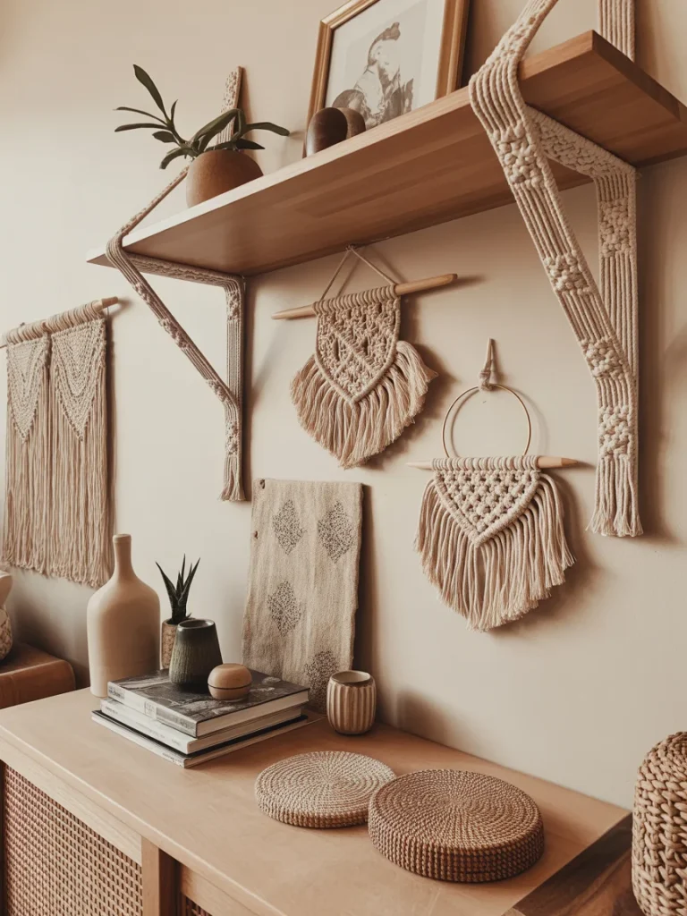 Boho shelf decorated with macrame wall hangings, woven coasters, neutral-toned pottery, and natural wood accents.