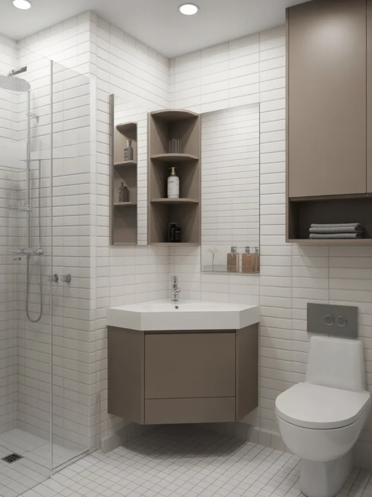 Small modern bathroom with a corner sink vanity, corner shelving, and a glass shower enclosure maximizing space.