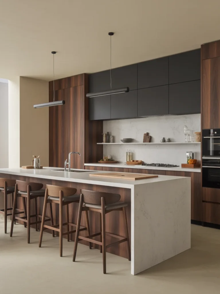Modern two-tone kitchen with a sleek white waterfall island, dark wood cabinetry, and matte black upper cabinets.