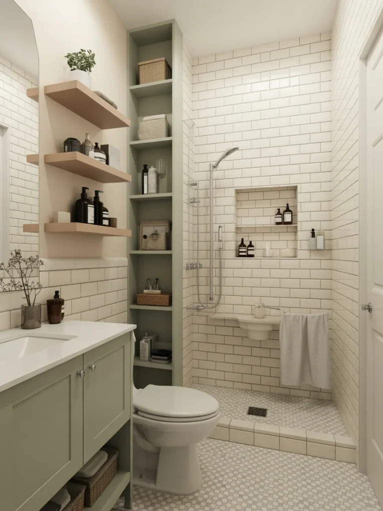 Small bathroom with vertical built-in shelving, floating shelves, and a walk-in shower with recessed storage niches.