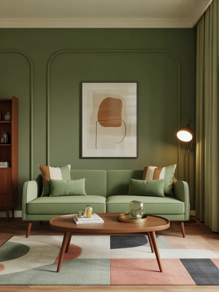 Mid-century modern living room with sage green walls and sofa.