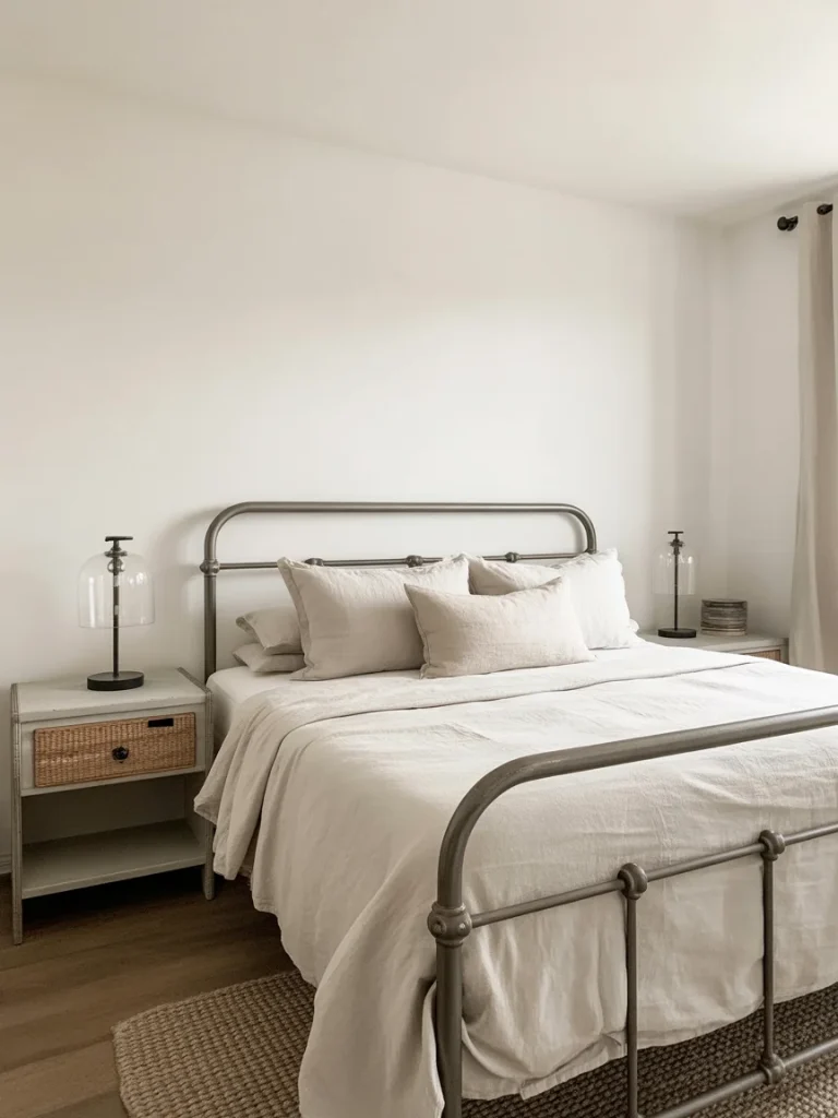 Minimalist farmhouse bedroom with metal bed frame and neutral decor.