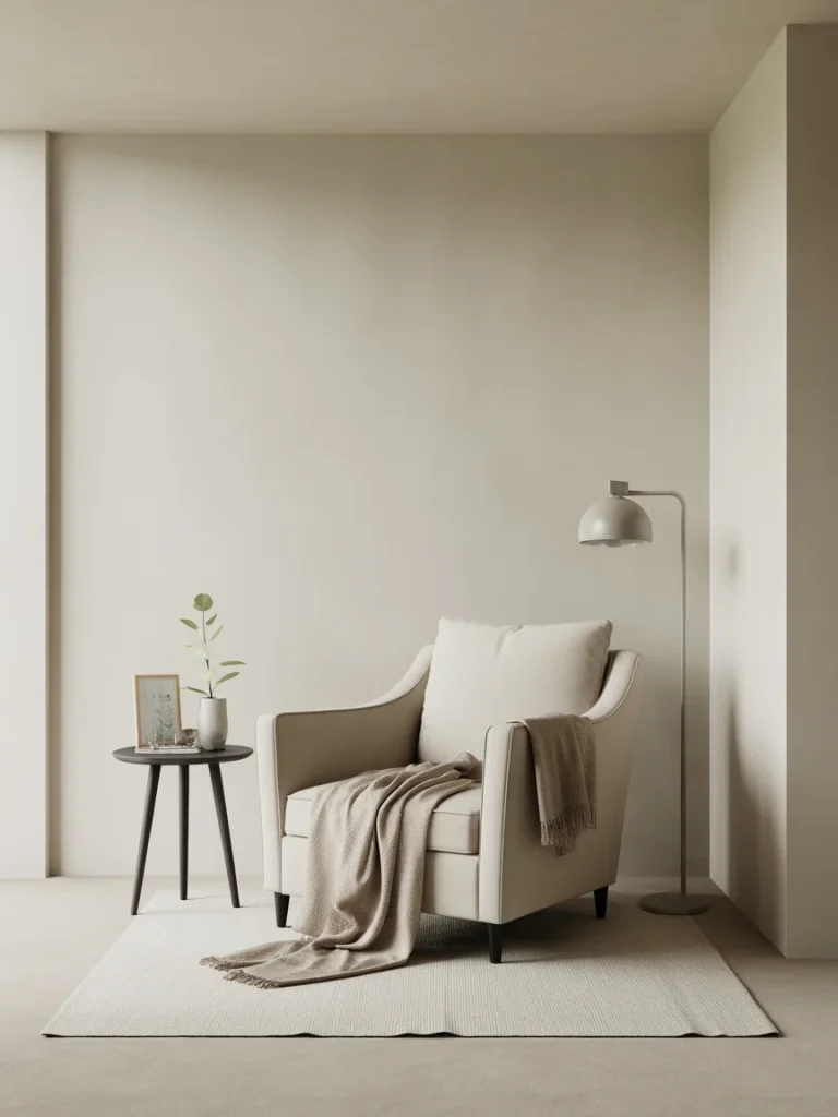 Minimalist reading nook with neutral armchair, cozy throw blanket, side table, and floor lamp