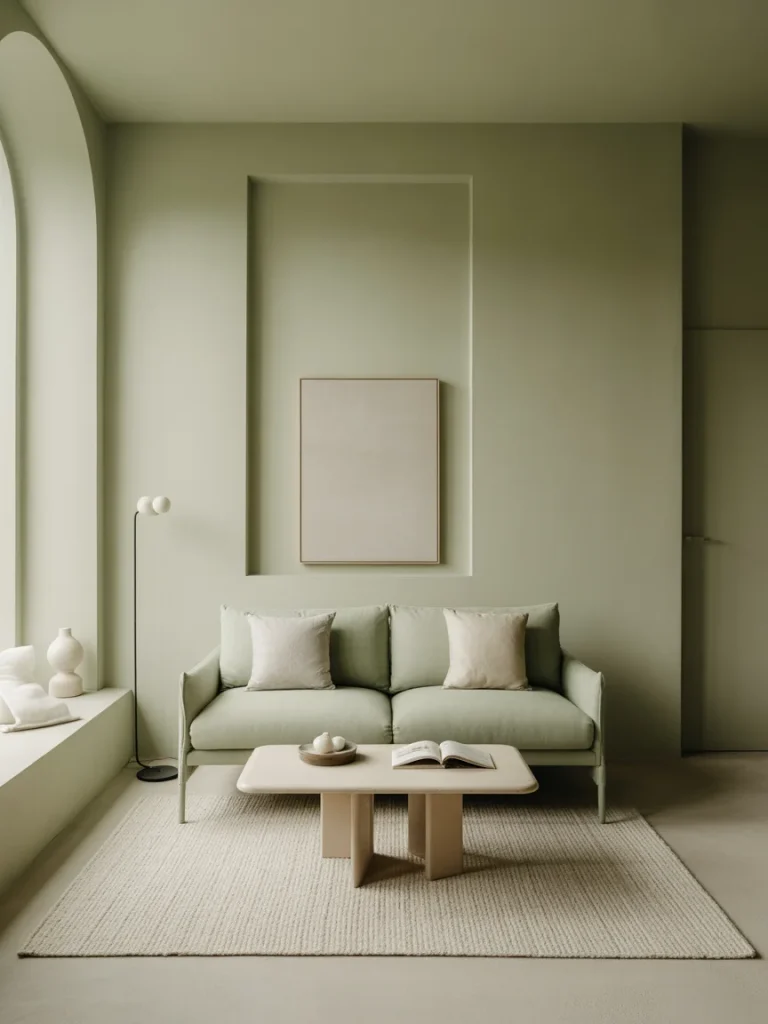 Minimalist sage green living room with soft neutral accents and clean lines.