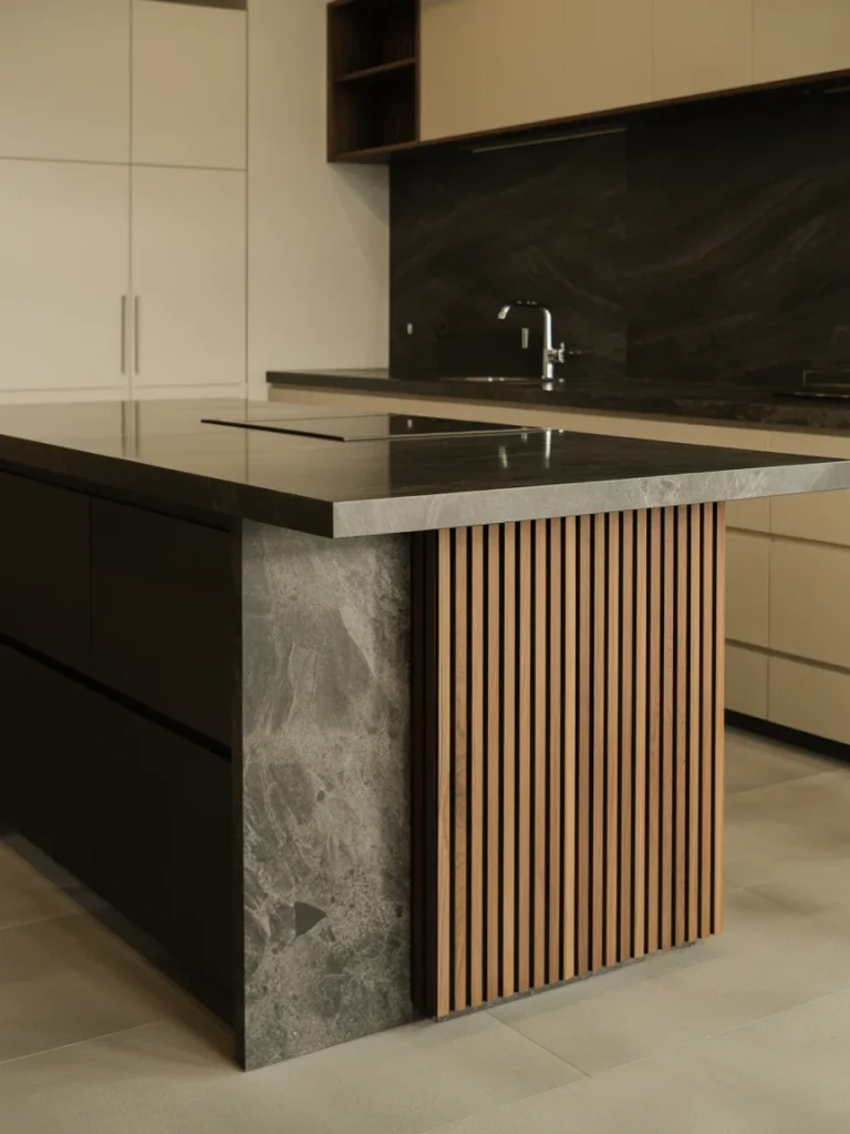 Modern kitchen island featuring a mix of stone, wood slats, and matte cabinetry for a textured, high-end look.