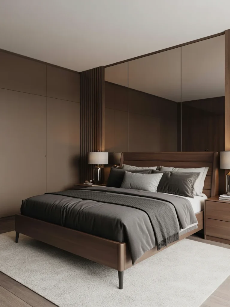 Modern brown bedroom with sleek furniture and minimalist design.