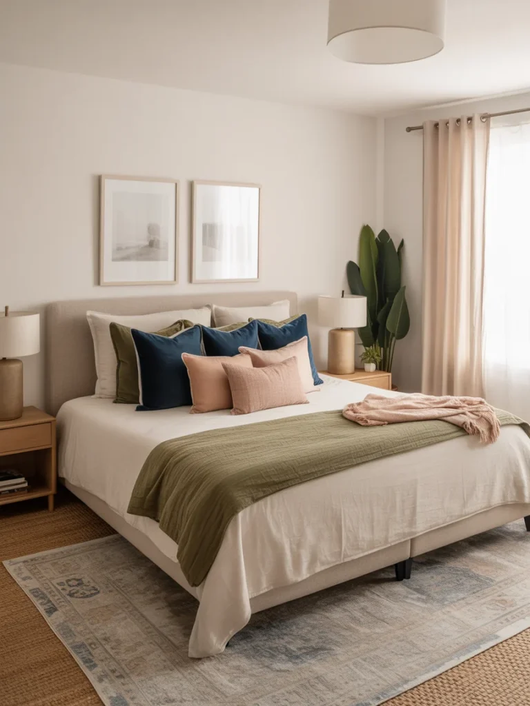 Modern farmhouse bedroom with soft accent colors and layered pillows.
