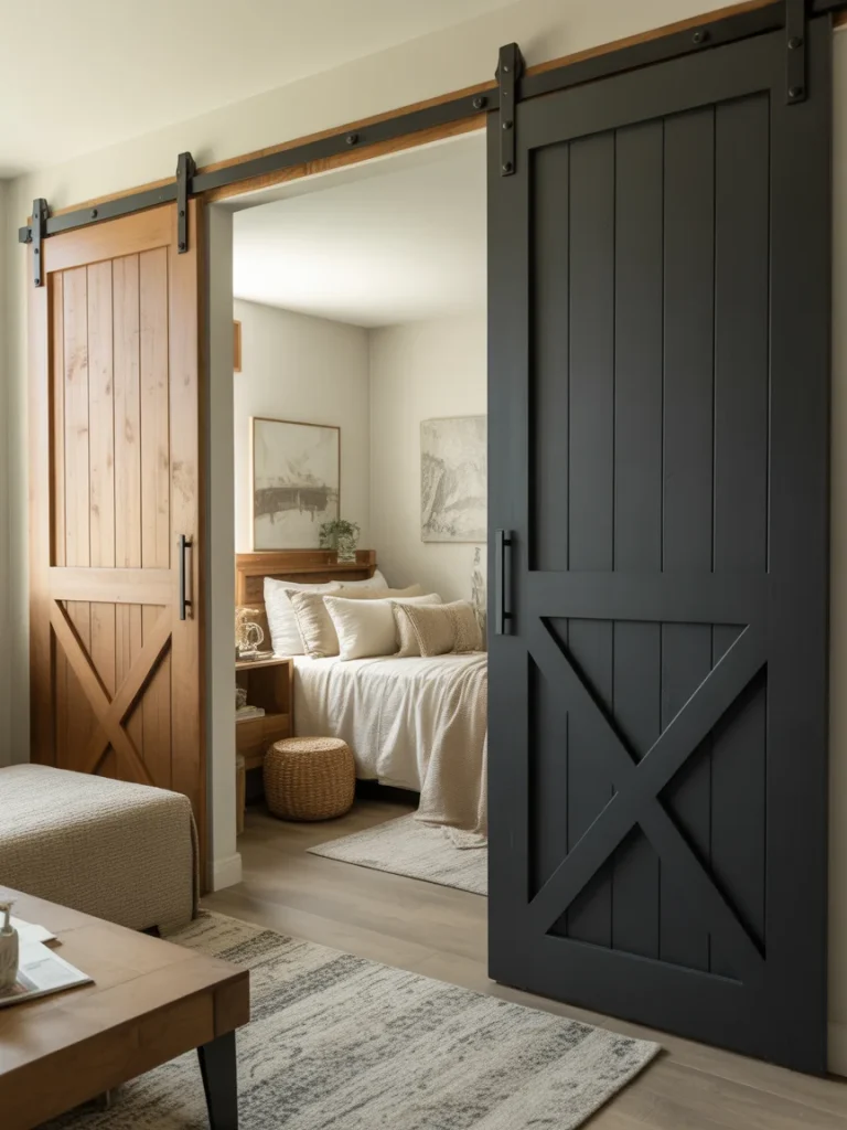 Modern farmhouse bedroom with sliding barn doors in contrasting wood tones.