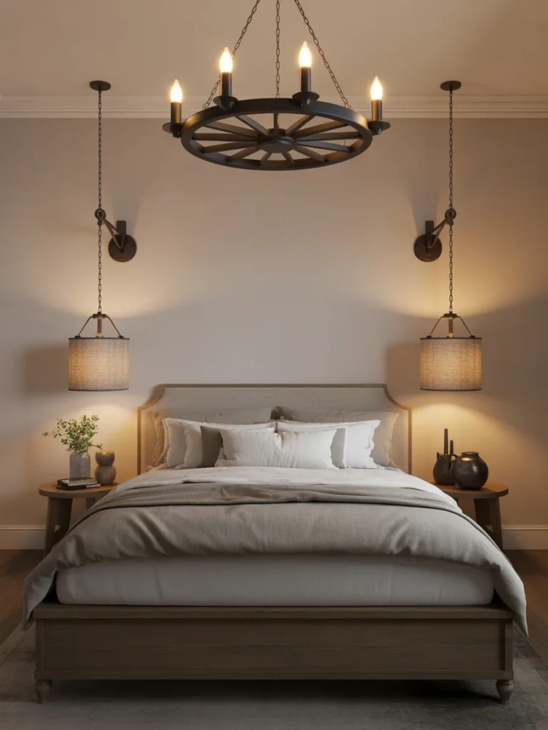 Farmhouse bedroom with warm modern lighting and rustic accents.