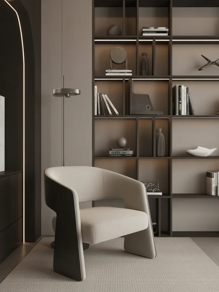 Modern reading nook with minimalist beige armchair, neutral pillows, floor lamp, and simple decor