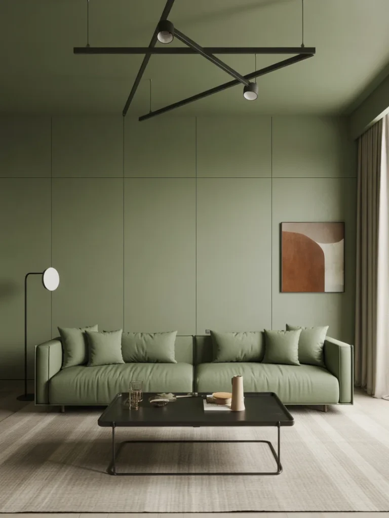 Modern sage green living room with minimalist furniture and sleek design.