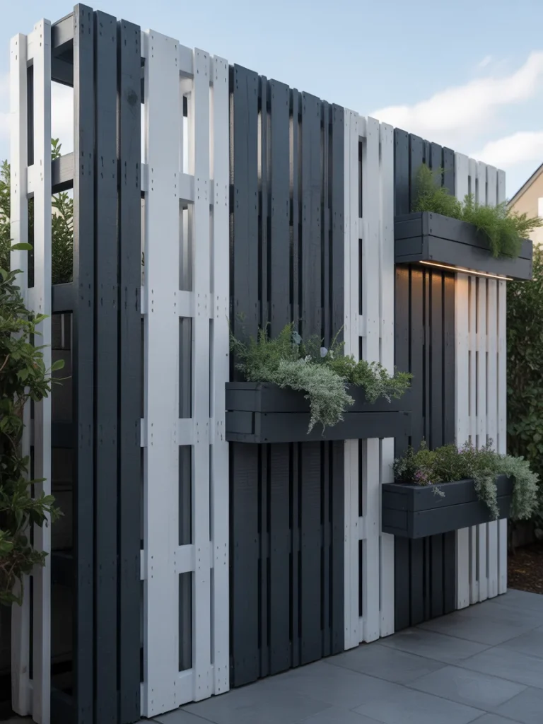 Modern black and white vertical pallet fence with built-in planters and greenery.