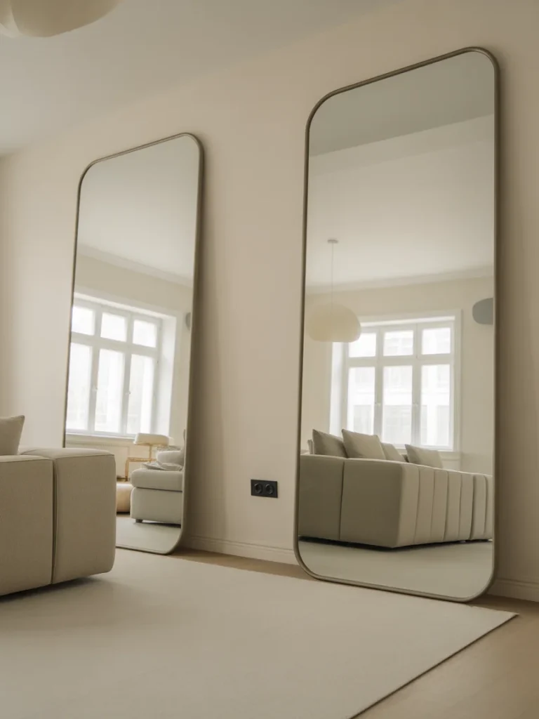 Tall minimalist mirrors reflecting a modern beige living room interior.