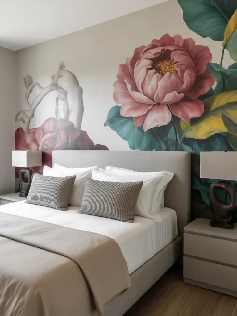 Bedroom with a bold floral mural accent wall featuring large peony designs in soft pink and green tones.