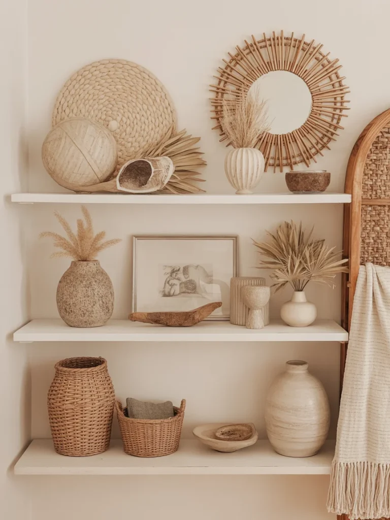 Natural boho-style shelf decorated with woven baskets, ceramic vases, dried pampas grass, a rattan mirror, and neutral-toned decor pieces arranged on white floating shelves.