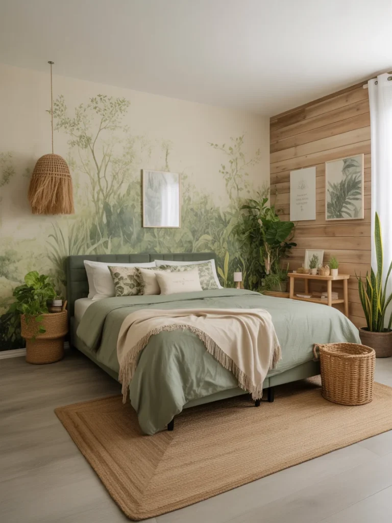 Nature-inspired bedroom with a botanical mural and wood accent wall.