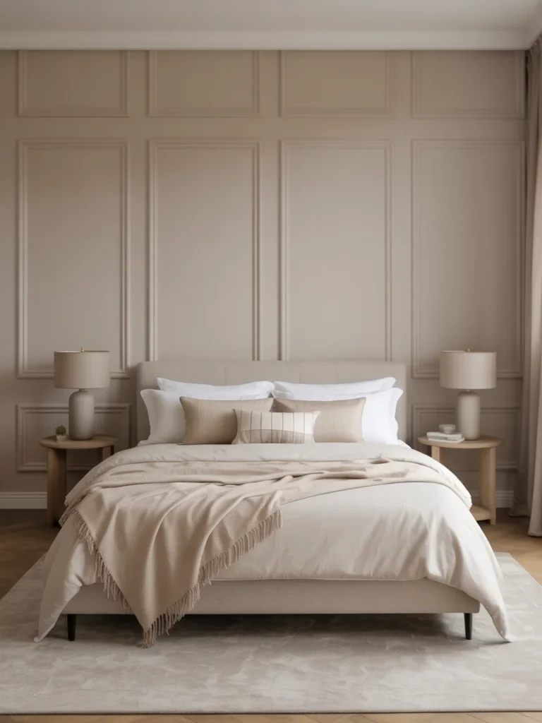 Bedroom with a neutral accent wall featuring elegant panel molding in beige tones.