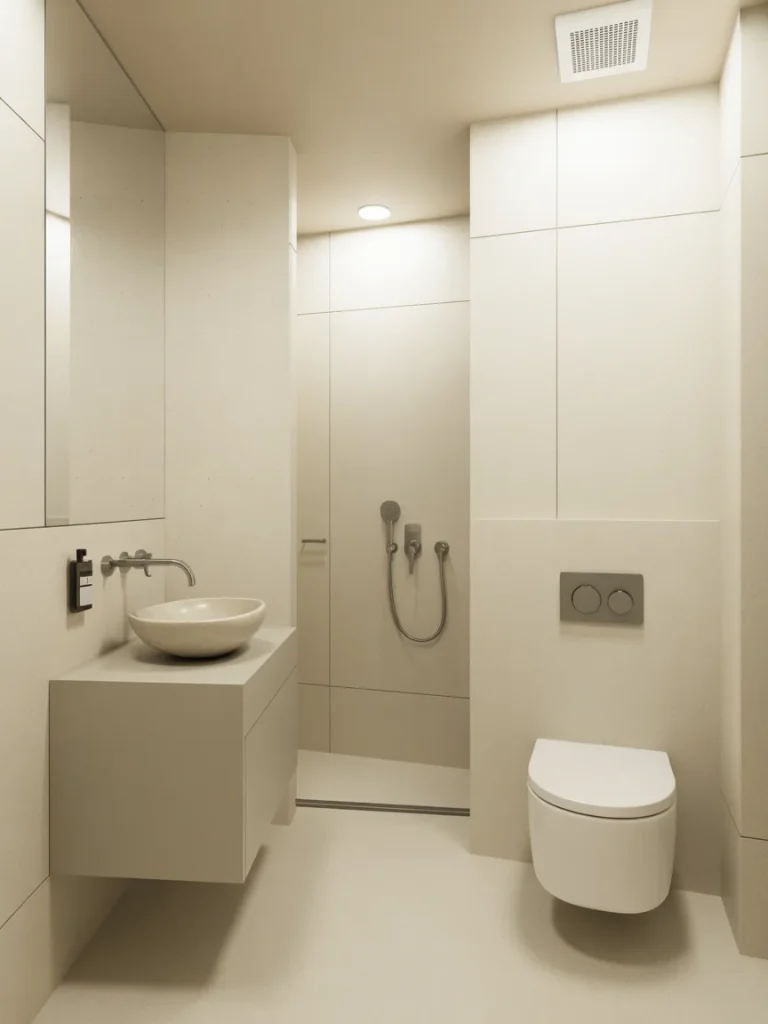 Minimalist small bathroom with wall-mounted sink, faucet, and toilet, featuring a seamless walk-in shower.