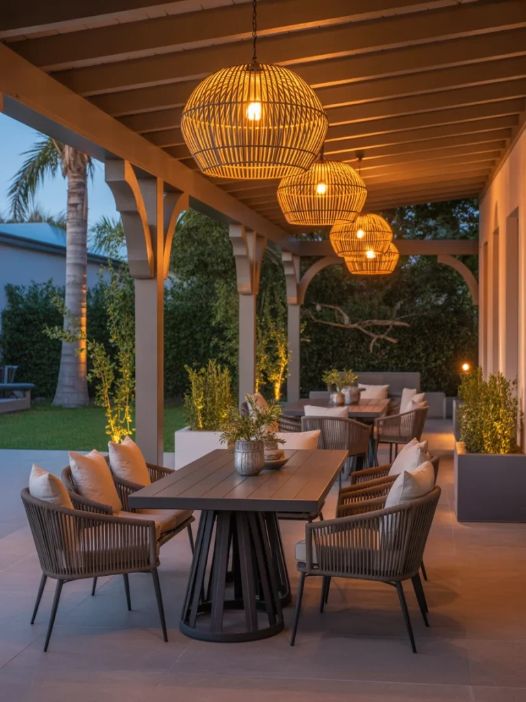 Covered patio with rattan pendant lights and cozy outdoor dining setup.