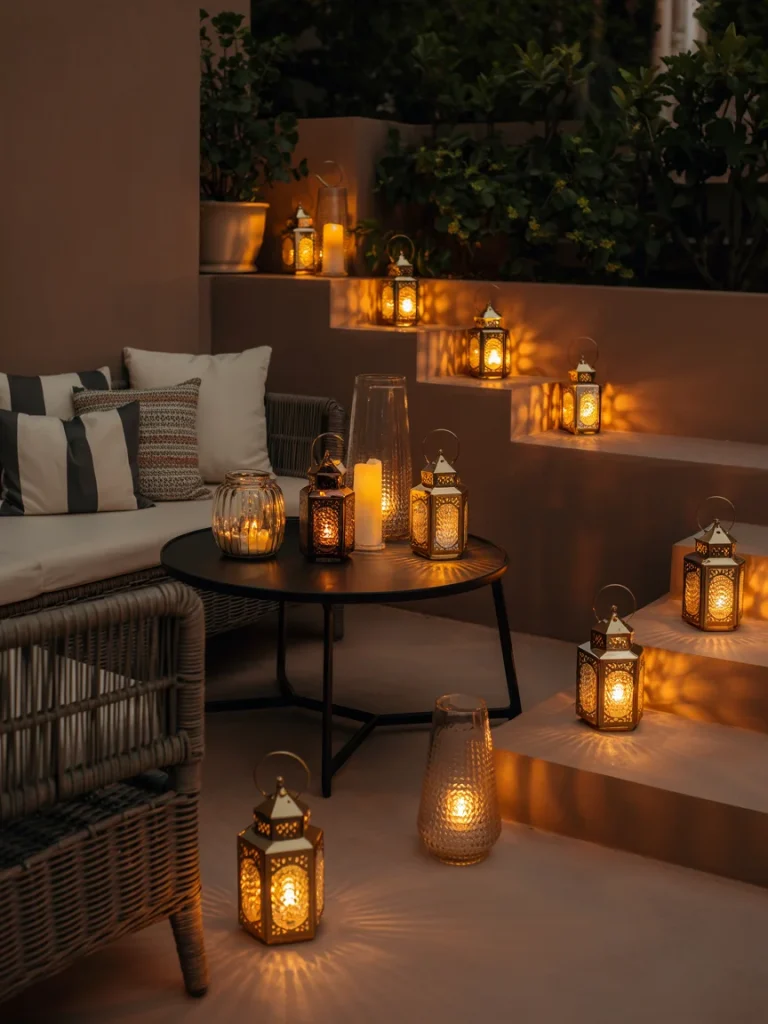 Cozy outdoor patio decorated with glowing lanterns and candles for warm evening ambiance.
