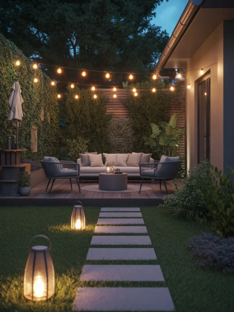 Modern backyard patio with string lights and lanterns illuminating a cozy outdoor seating area.