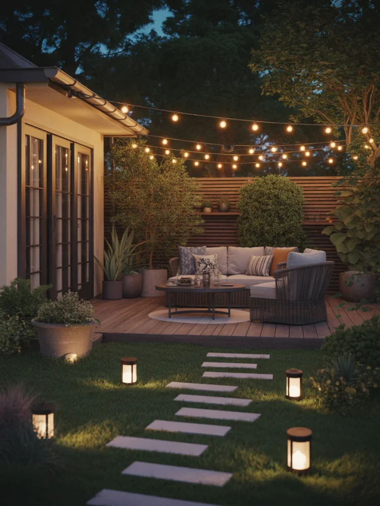 Cozy backyard patio with string lights, pathway lanterns, and outdoor seating area at dusk.