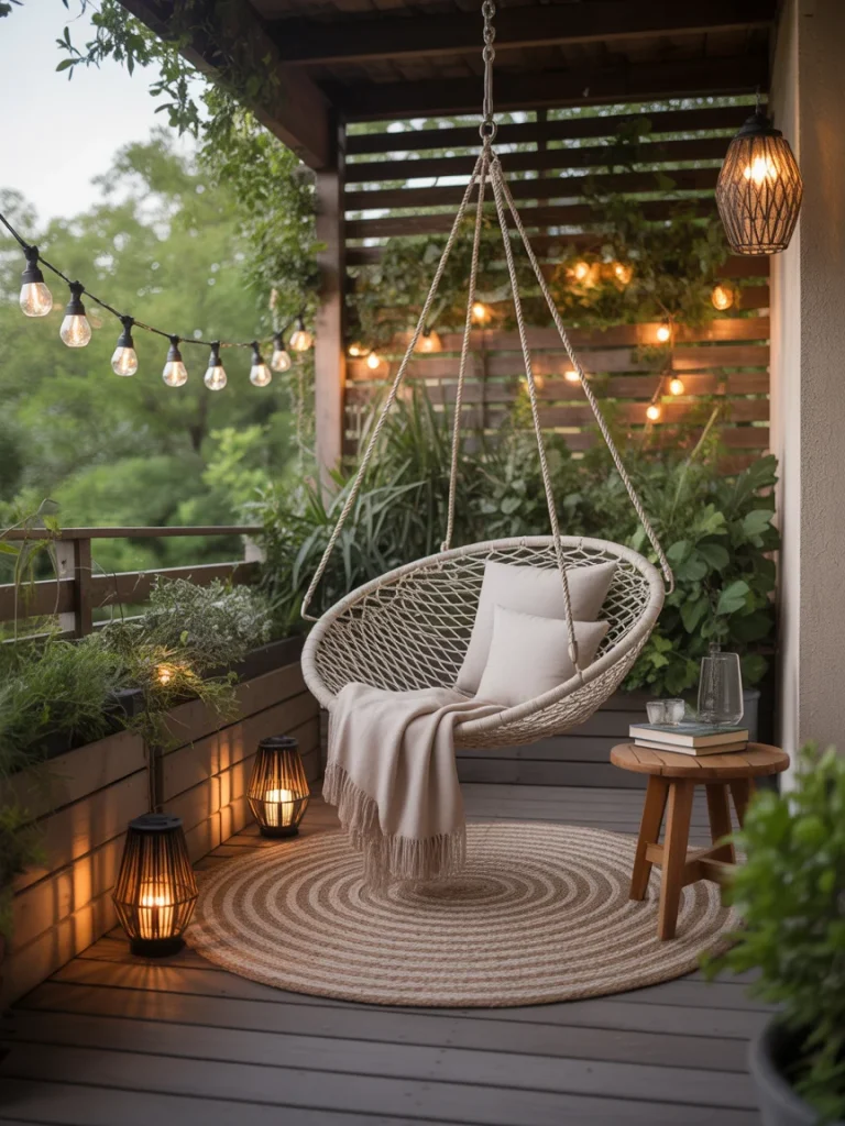 Outdoor reading nook with a hanging chair, cozy blanket, string lights, lanterns, and surrounding greenery