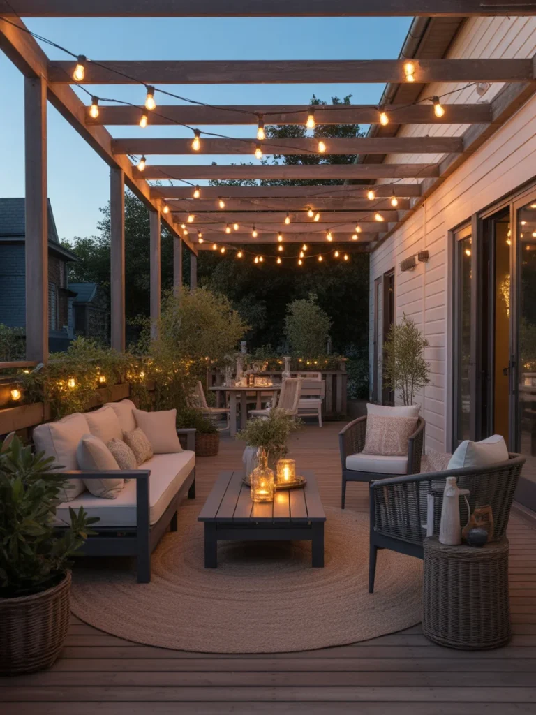 Cozy outdoor patio with pergola and warm string lights hanging above seating and dining areas.